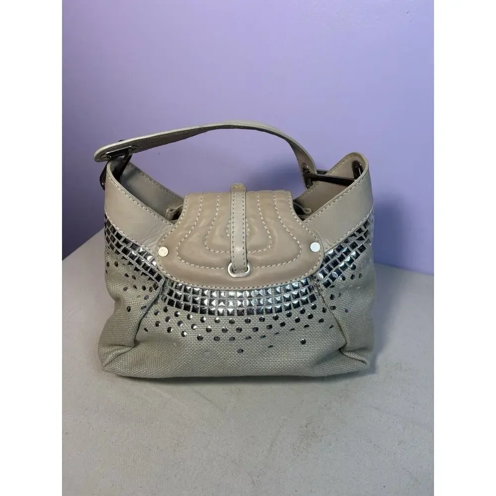 Jimmy Choo Buckle Studded Tulita Hobo Shoulder Bag Tan Canvas - Picture 6 of 16